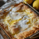 A freshly baked Lemon Cream Cheese Dump Cake with icing and lemon slices.