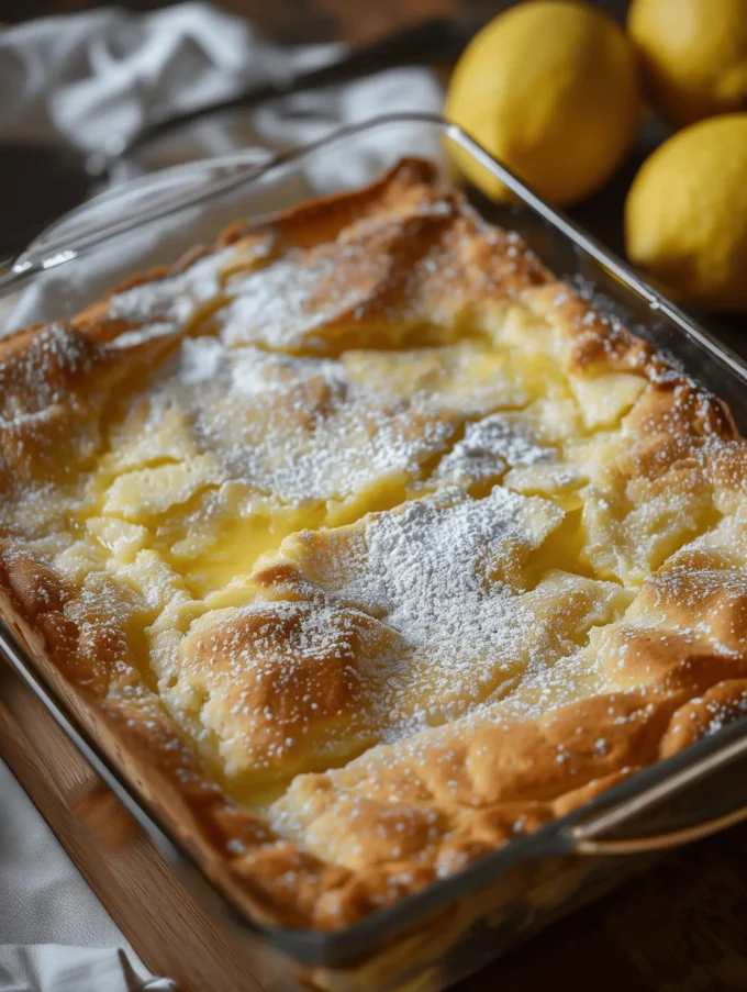 A freshly baked Lemon Cream Cheese Dump Cake with icing and lemon slices.