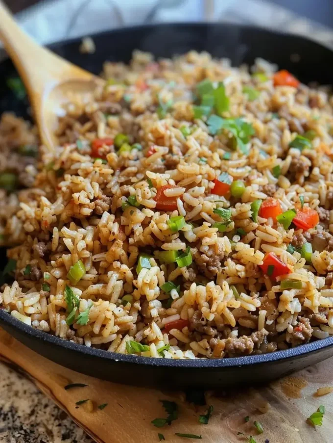 Bowl of Louisiana-style dirty rice with ground meat and spices
