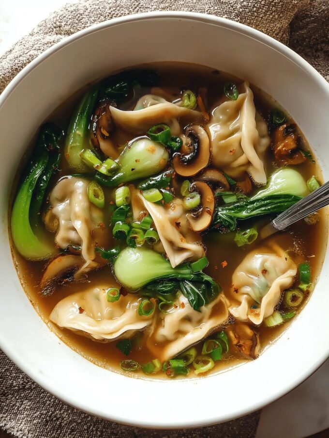 Potstickers in Mushroom and Bok Choy Soup