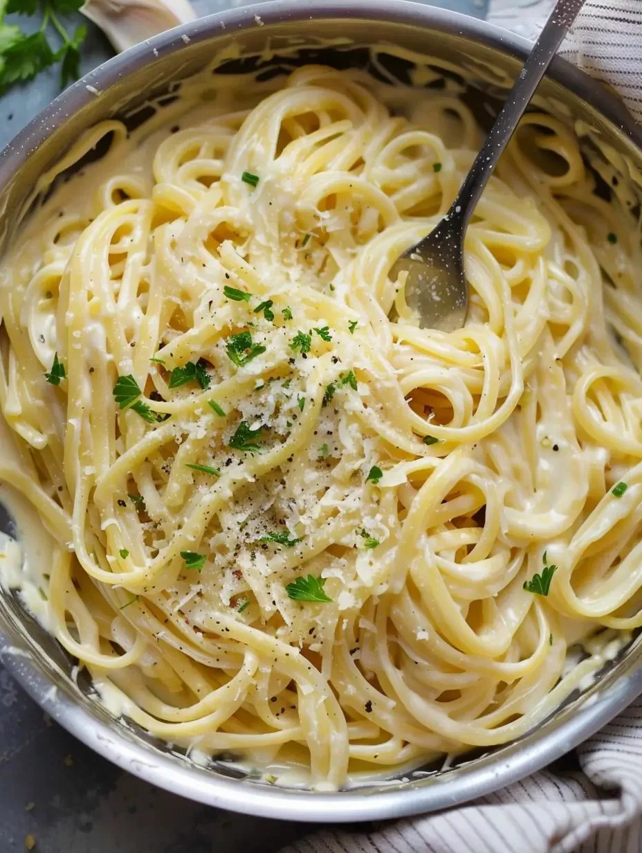 One-Pot Creamy Garlic Parmesan Pasta served in a bowl