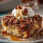 Quick pecan pie dump cake topped with nuts and caramel sauce