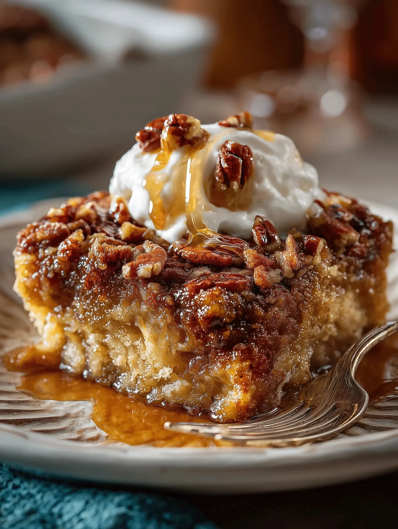Quick pecan pie dump cake topped with nuts and caramel sauce
