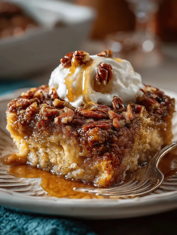 Quick pecan pie dump cake topped with nuts and caramel sauce