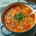 Bowl of delicious Sausage and Cabbage Soup topped with herbs.