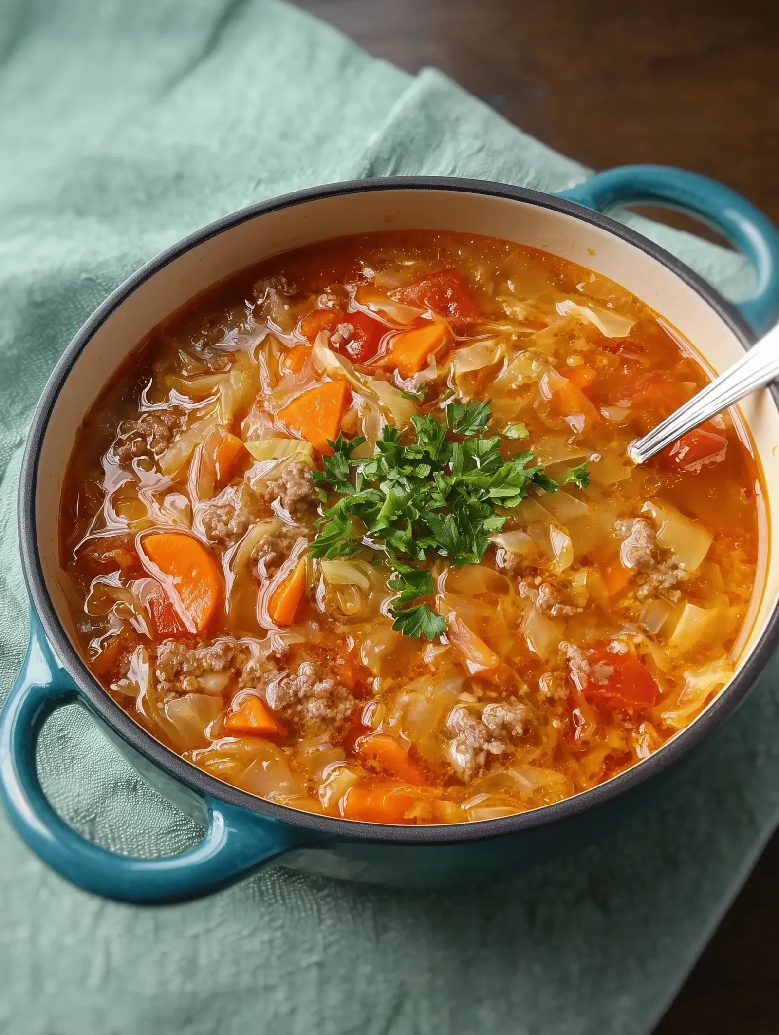 Bowl of delicious Sausage and Cabbage Soup topped with herbs.