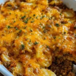 Delicious beef potato casserole recipe featuring ground beef and layers of potatoes.