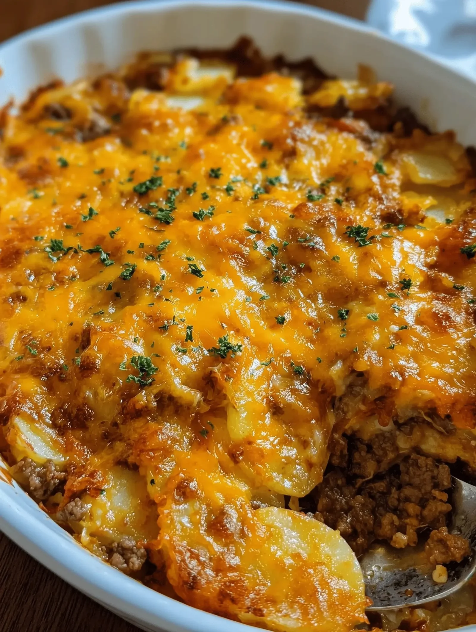 Delicious beef potato casserole recipe featuring ground beef and layers of potatoes.