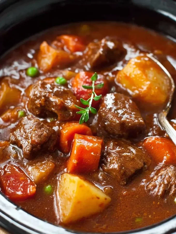 Delicious slow-cooked beef stew served in a rustic bowl
