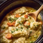 Bowl of slow cooker chicken and dumplings garnished with herbs.