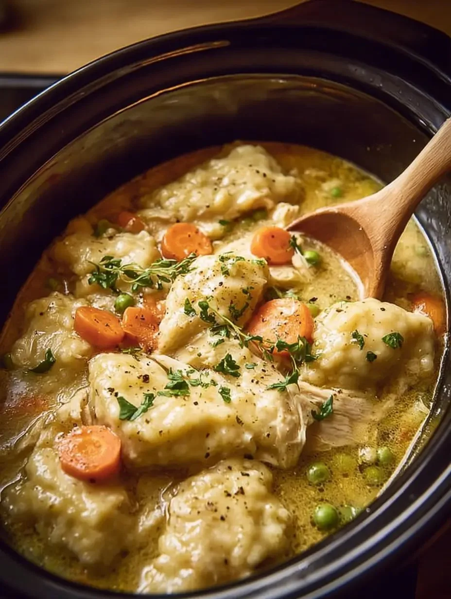 Bowl of slow cooker chicken and dumplings garnished with herbs.