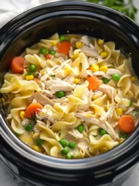 Bowl of slow cooker chicken and noodles with vegetables and herbs