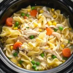 Bowl of slow cooker chicken and noodles prepared with fresh ingredients