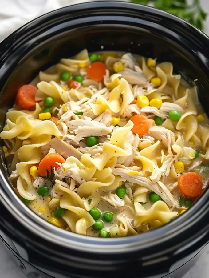 Bowl of slow cooker chicken and noodles with herbs and vegetables