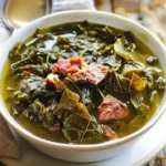 Bowl of Southern-style braised collard greens with ham hocks, garnished.