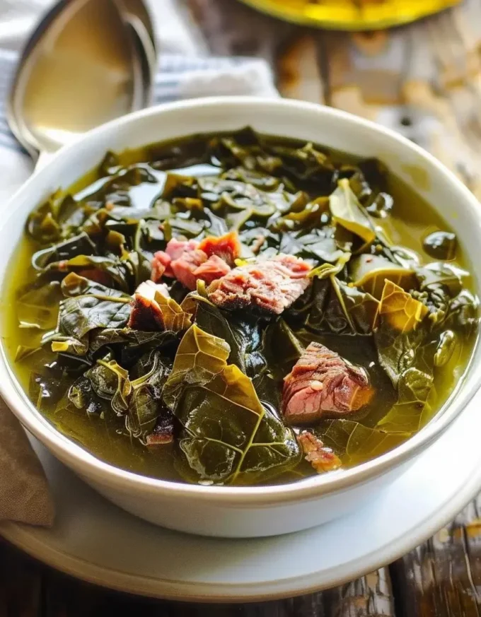 Bowl of Southern-style braised collard greens with ham hocks, garnished.