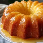 Tropical pineapple juice cake garnished with fresh pineapple slices on a white plate