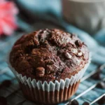 Twofold chocolate chip muffins topped with chocolate chips, ready to enjoy.