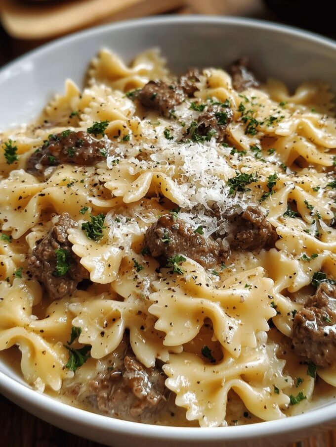 Creamy Parmesan Garlic Beef Pasta with Bow-Tie Noodles