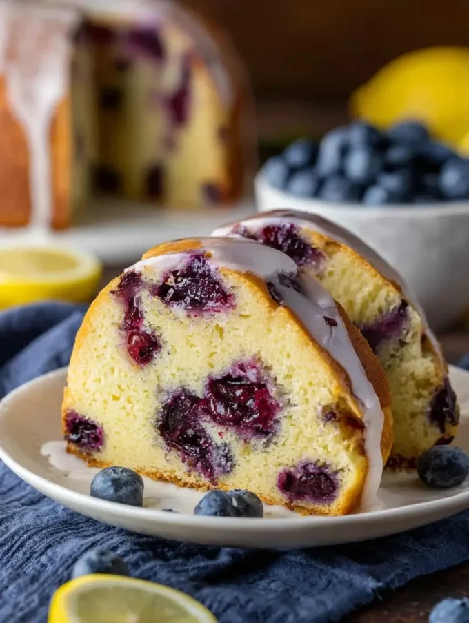Zesty lemon blueberry pound cake slice on a plate with fresh blueberries