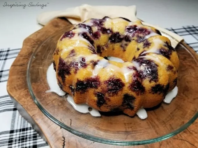 Freshly baked Blueberry Sour Cream Pound Cake with blueberries on top