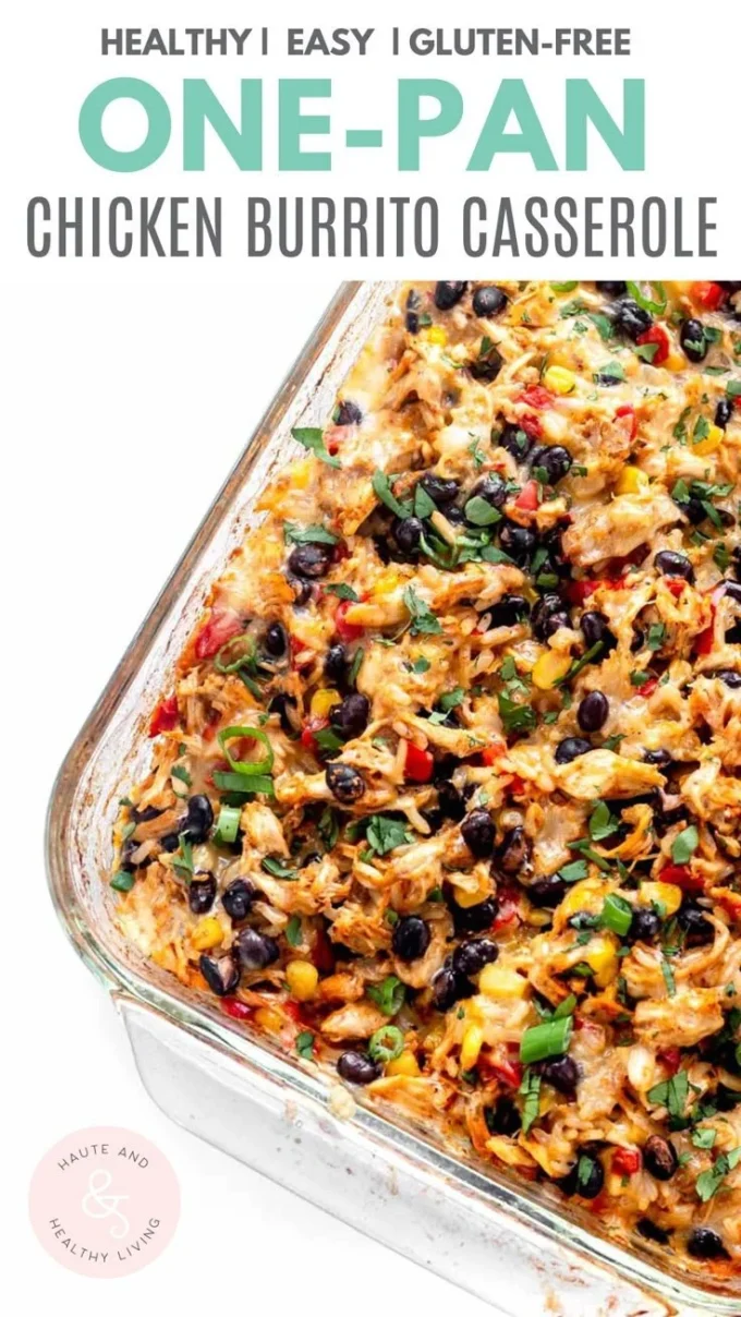 Cheesy Chicken Burrito Bake with melted cheese and colorful toppings