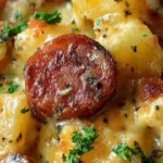 Cheesy Kielbasa Potato Casserole served in a baking dish