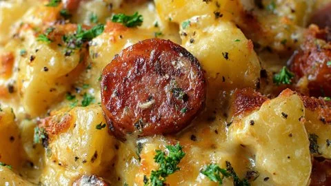 Cheesy Kielbasa Potato Casserole served in a baking dish