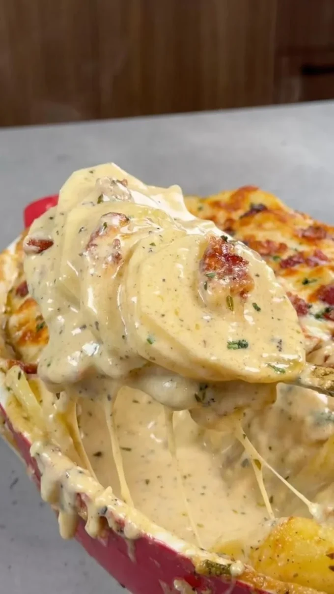 Delicious Cheesy Potatoes Au Gratin served hot with herbs