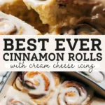 Freshly baked cinnamon rolls from scratch, topped with creamy frosting.