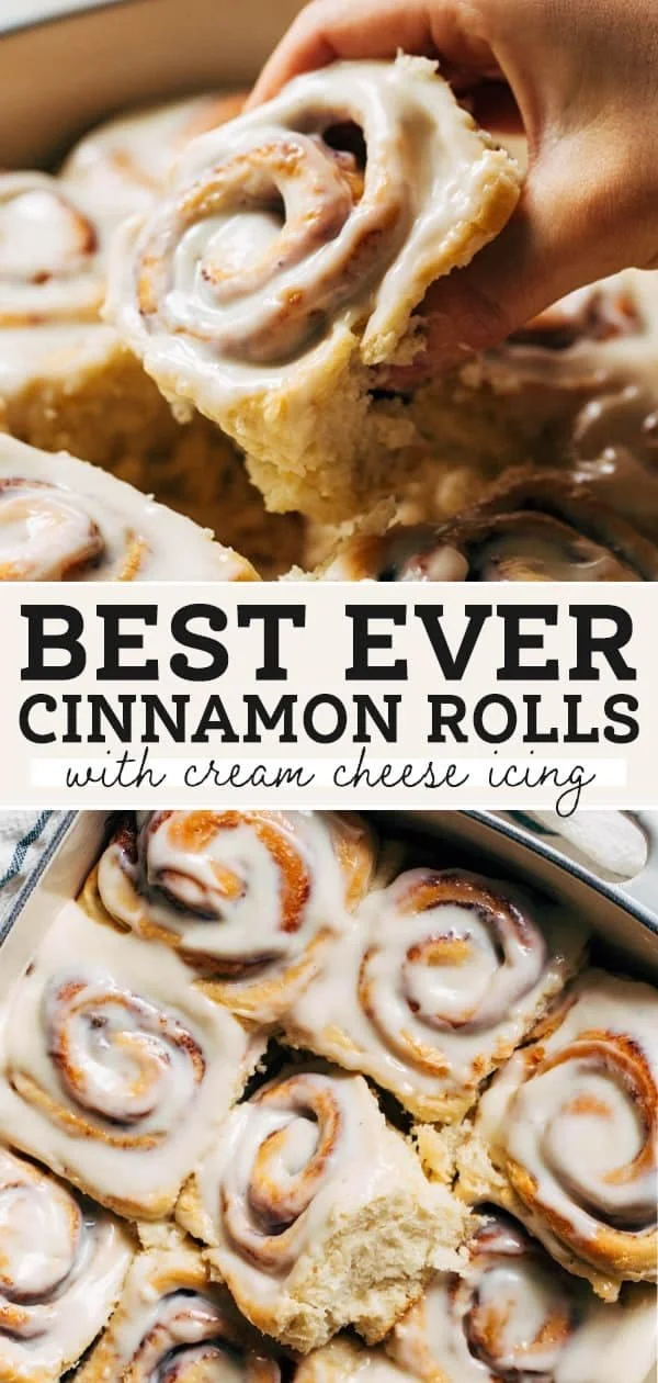 Freshly baked cinnamon rolls from scratch, topped with creamy frosting.