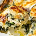 Cream Cheese Chicken and Spinach Casserole served in a baking dish.