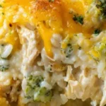 Creamy chicken, broccoli, and rice casserole baked in a dish