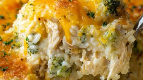 Creamy chicken, broccoli, and rice casserole baked in a dish