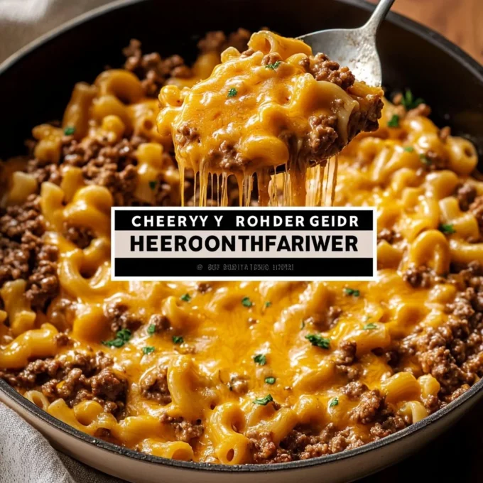 Creamy one-pan cheeseburger skillet topped with melted cheese and fresh ingredients