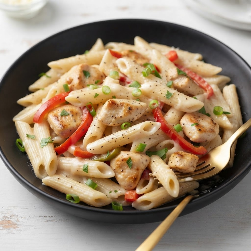Bowl of rattlesnake pasta with spicy sauce and vegetables