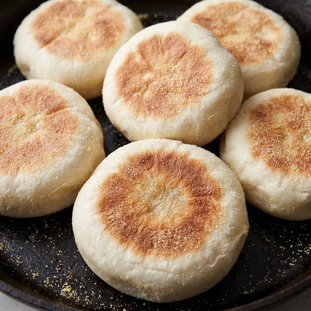Homemade English muffins served with butter and jam on a breakfast plate