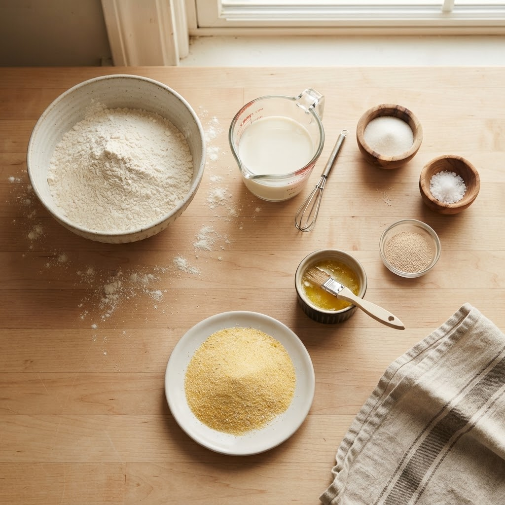 Overhead flat lay of fresh ingredients for homemade English muffins on a wooden table, featuring flour, milk, sugar, salt, yeast, melted butter, and cornmeal
