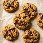 Soft, thick pumpkin chocolate chip cookies with melted chocolate on parchment paper