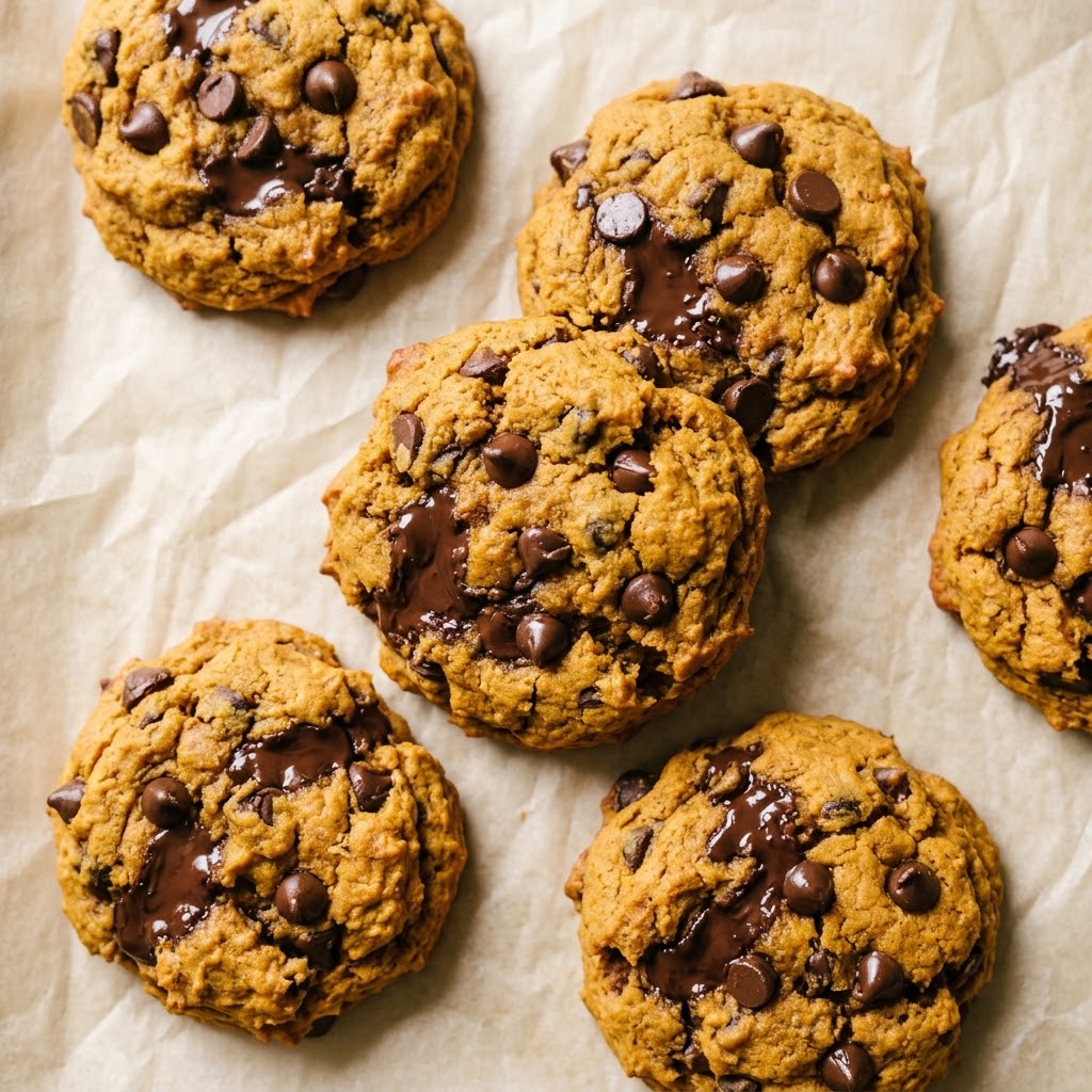 Soft, thick pumpkin chocolate chip cookies with melted chocolate on parchment paper