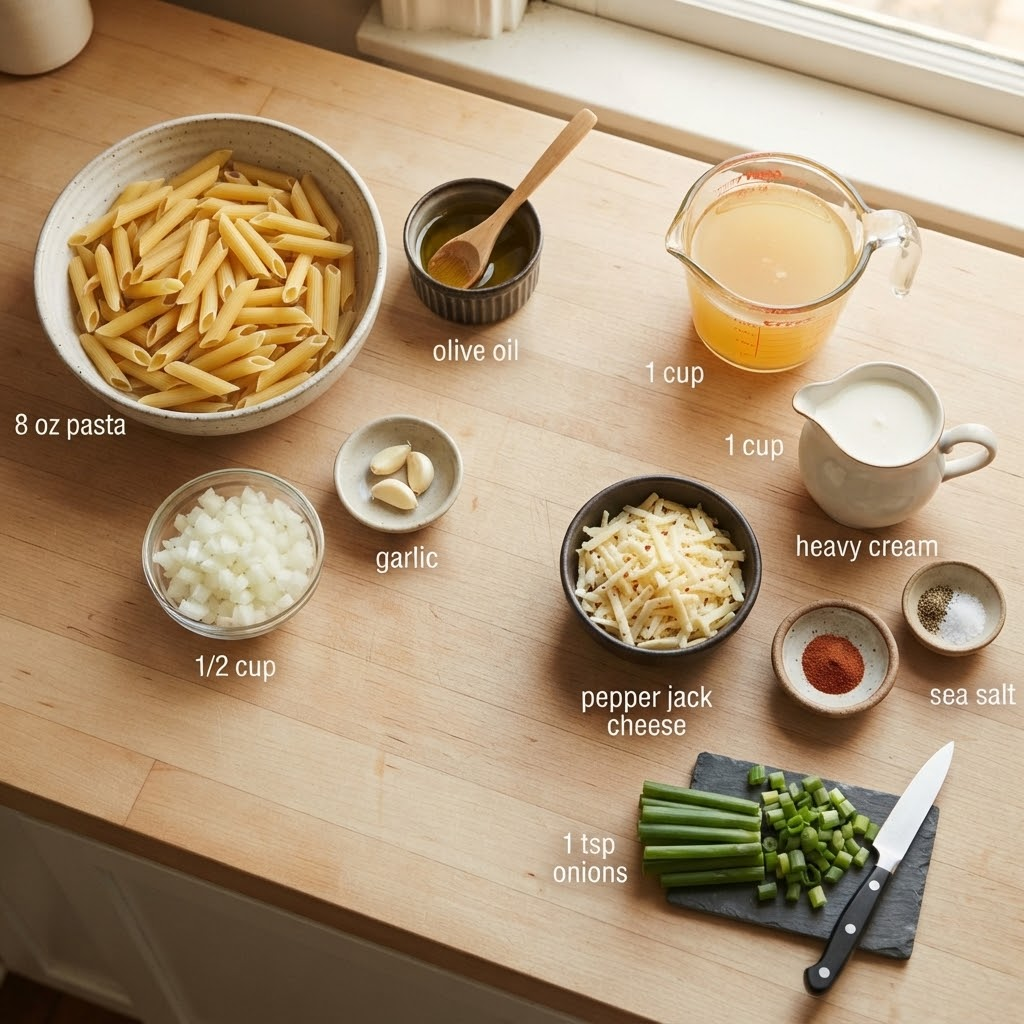 Overhead flat lay of fresh ingredients for Rattlesnake Pasta on a wooden table, featuring penne, chicken broth, heavy cream, and pepper jack cheese