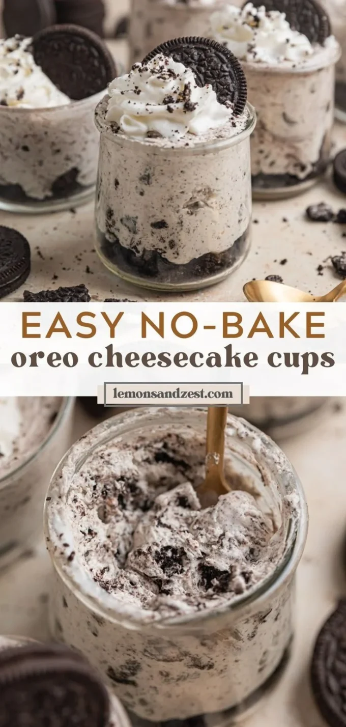 No-Bake Oreo Cheesecake Cups topped with Oreo crumbs