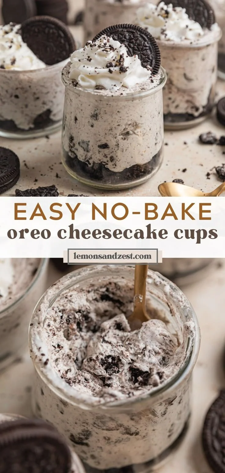 No-Bake Oreo Cheesecake Cups topped with Oreo crumbs