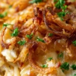Savory French onion chicken orzo bake topped with melted cheese and herbs