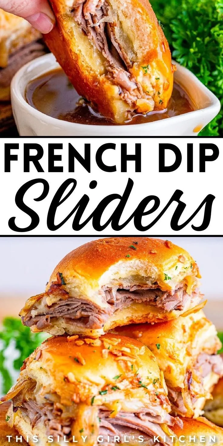 Slow-cooked French dip sliders served with au jus for dipping