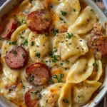 Delicious slow cooker pierogi casserole with kielbasa, topped with cheese.