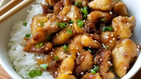 Delicious garlic ginger chicken served with rice and vegetables